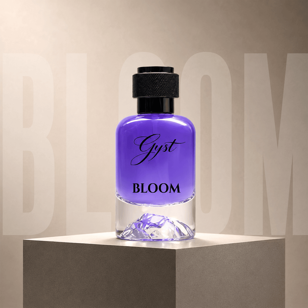 GYST Bloom perfume 50ml violet bottle with sculpted mountain-peak base