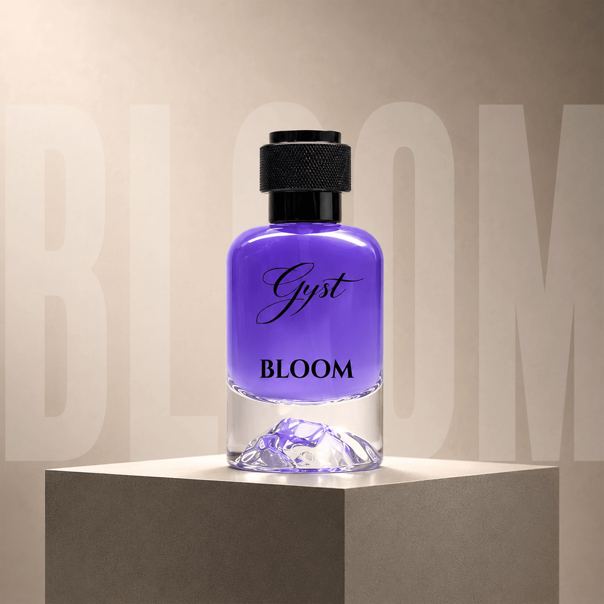 GYST Bloom perfume 50ml violet bottle with sculpted mountain-peak base
