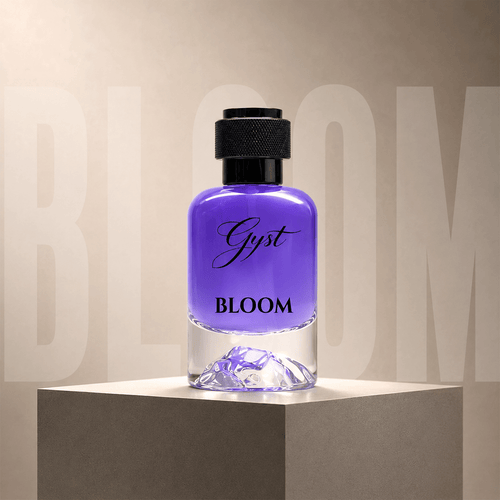 GYST Bloom perfume 50ml violet bottle with sculpted mountain-peak base