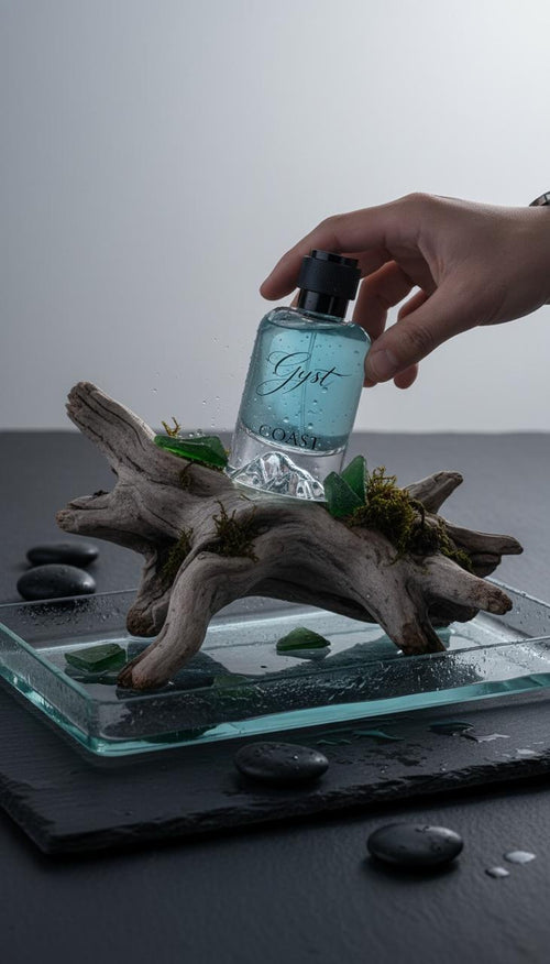 GYST Coast perfume held over driftwood and moss on water