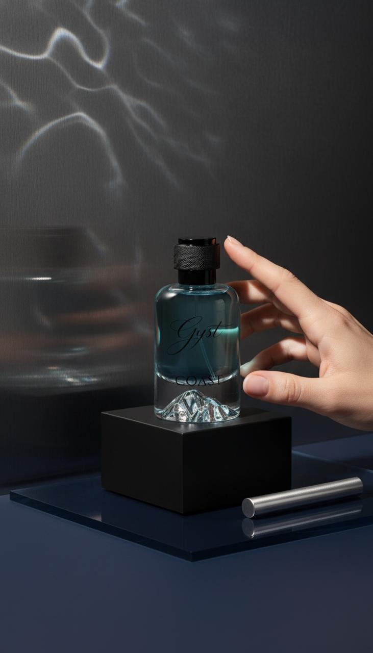 Hand holding GYST Coast perfume on a black plinth with rippling water light