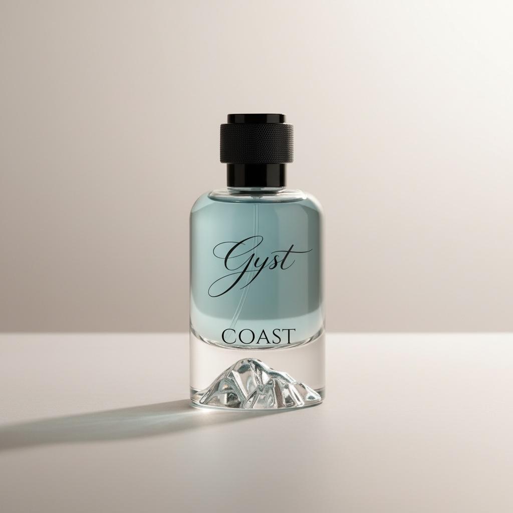GYST Coast perfume 50ml aqua bottle on a neutral studio backdrop