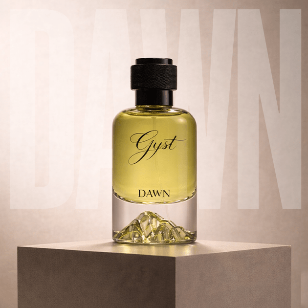 GYST Dawn perfume 50ml bottle with sculpted mountain-peak base