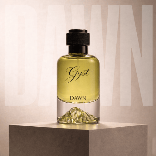 GYST Dawn perfume 50ml bottle with sculpted mountain-peak base