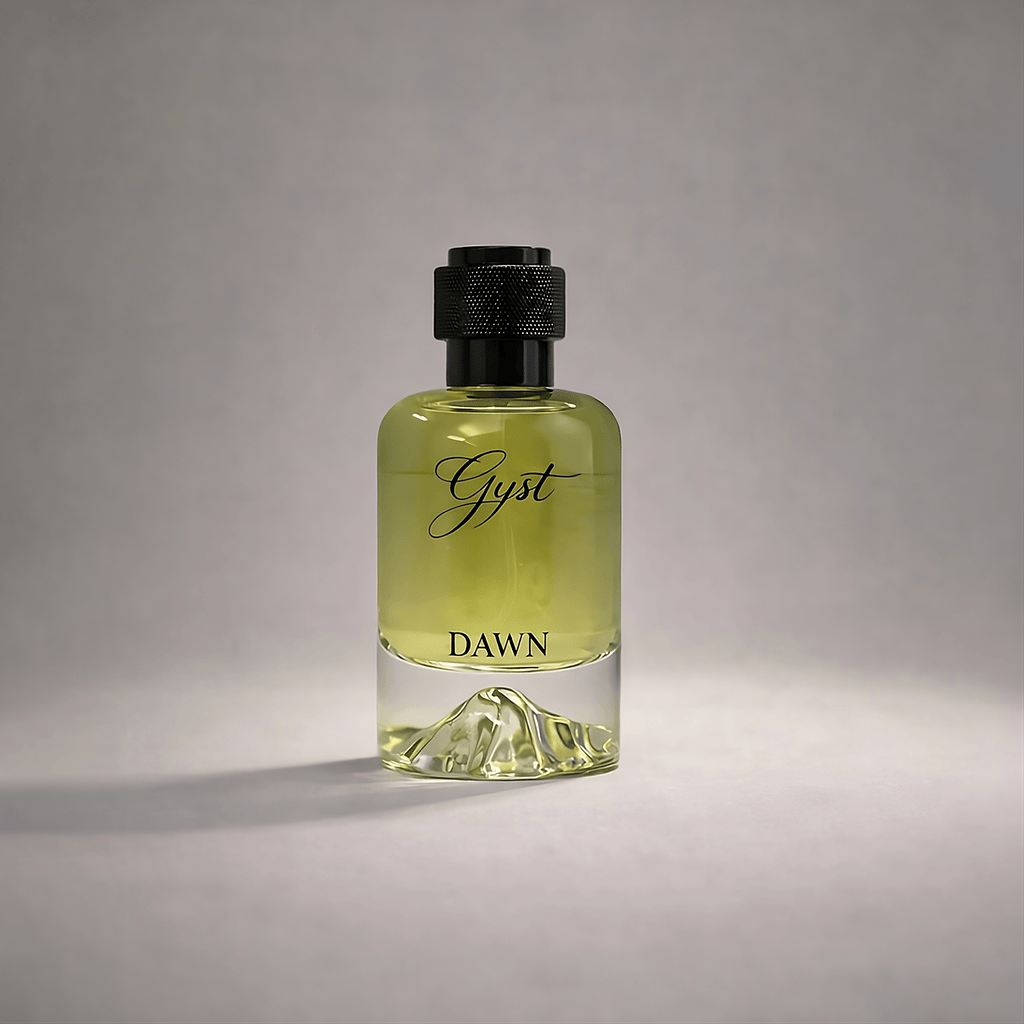 GYST Dawn perfume 50ml bottle in a soft spotlight on a grey backdrop