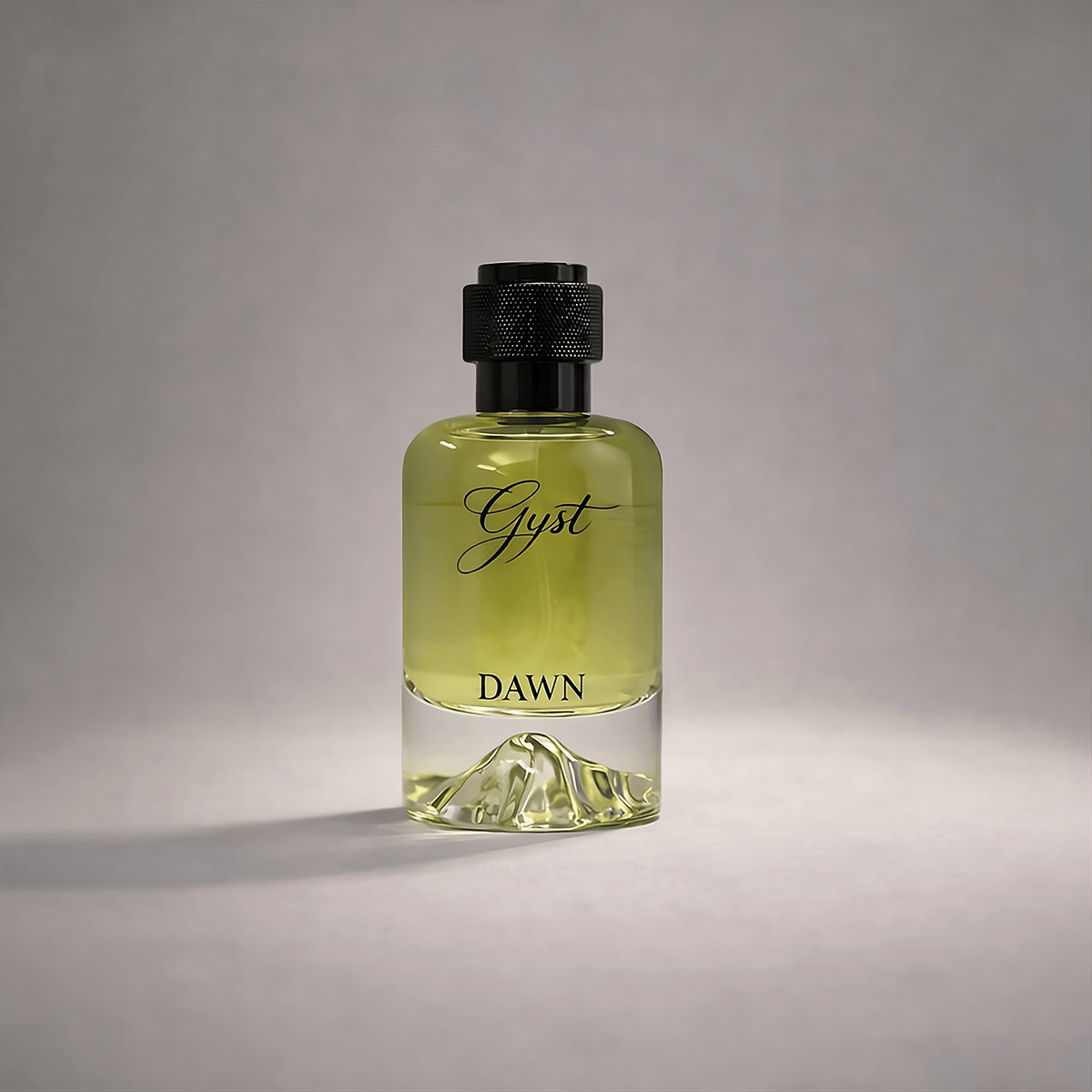 GYST Dawn perfume 50ml bottle in a soft spotlight on a grey backdrop