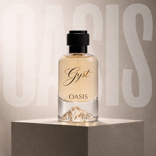 GYST Oasis perfume 50ml bottle with sculpted mountain-peak base