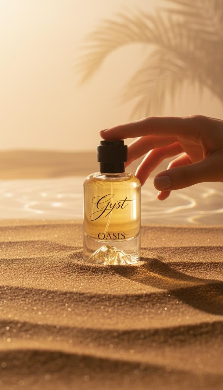 GYST Oasis perfume held above desert sand with palm-leaf shadows