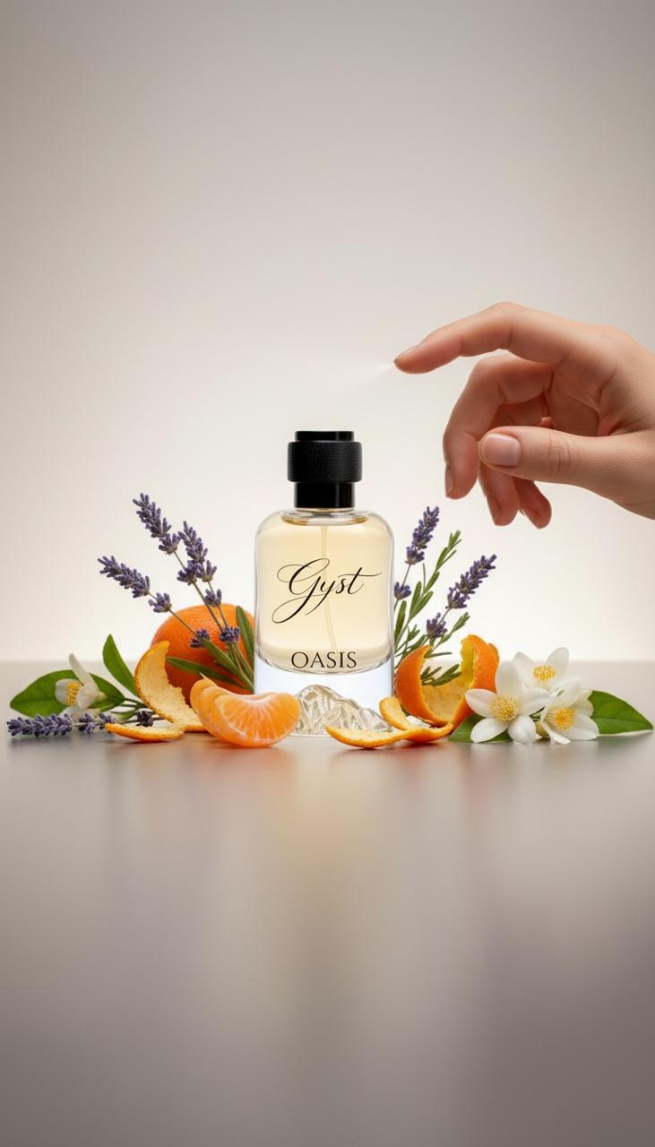 GYST Oasis perfume with lavender, orange and orange blossom, its key notes