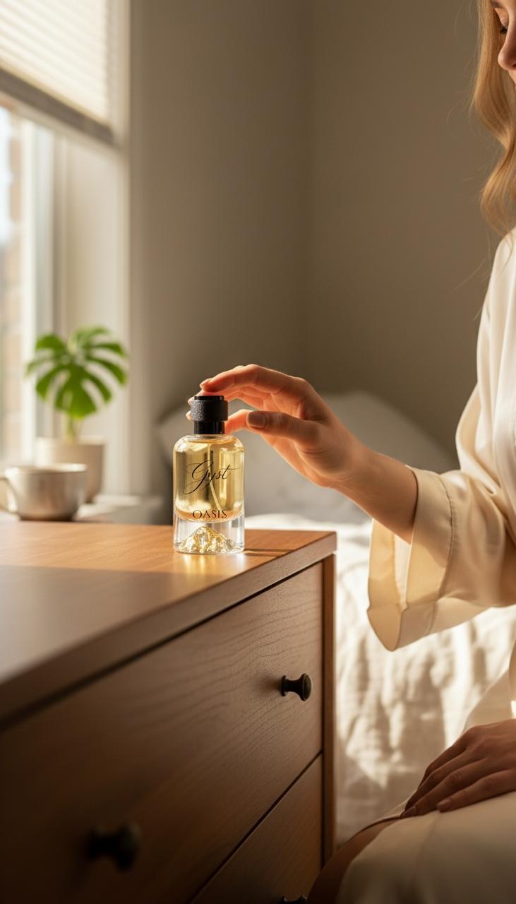 Hand reaching for GYST Oasis perfume on a bedside dresser in morning light