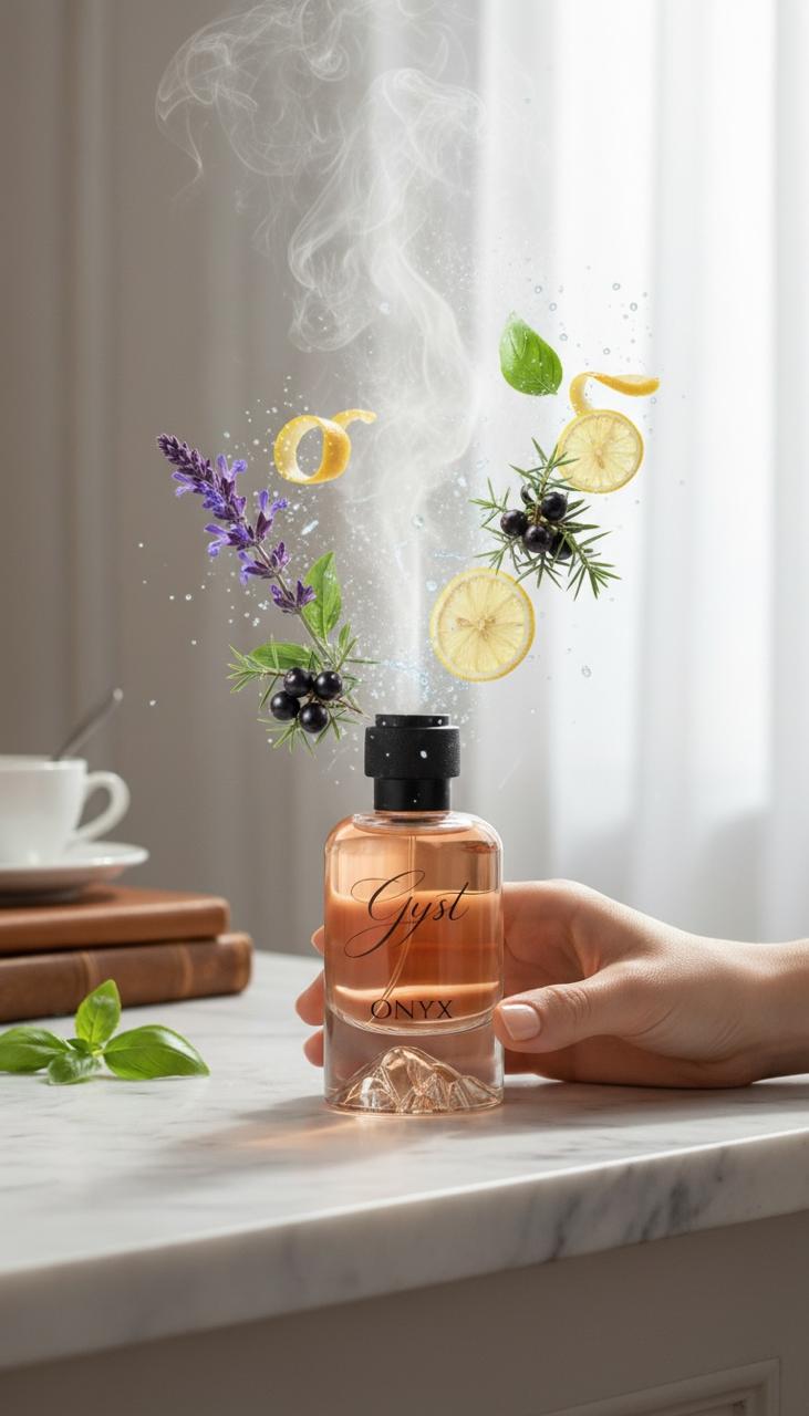 GYST Onyx perfume with lavender, lemon and mint, its fresh top notes