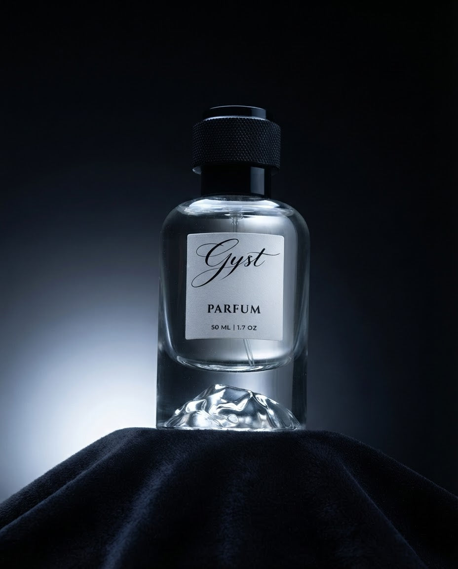 GYST SĀYAH perfume 50ml on dark velvet with dramatic backlight
